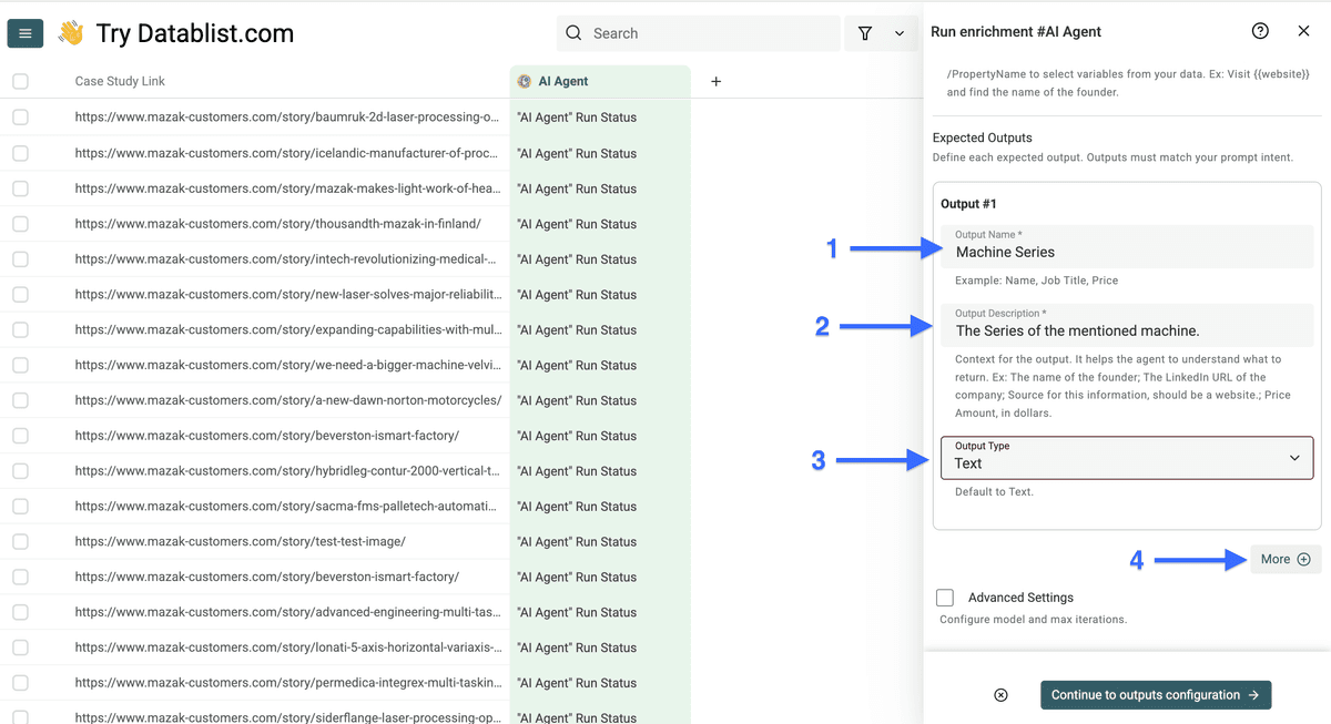 Configuration des sorties pour scraper les études de cas avec Datablist