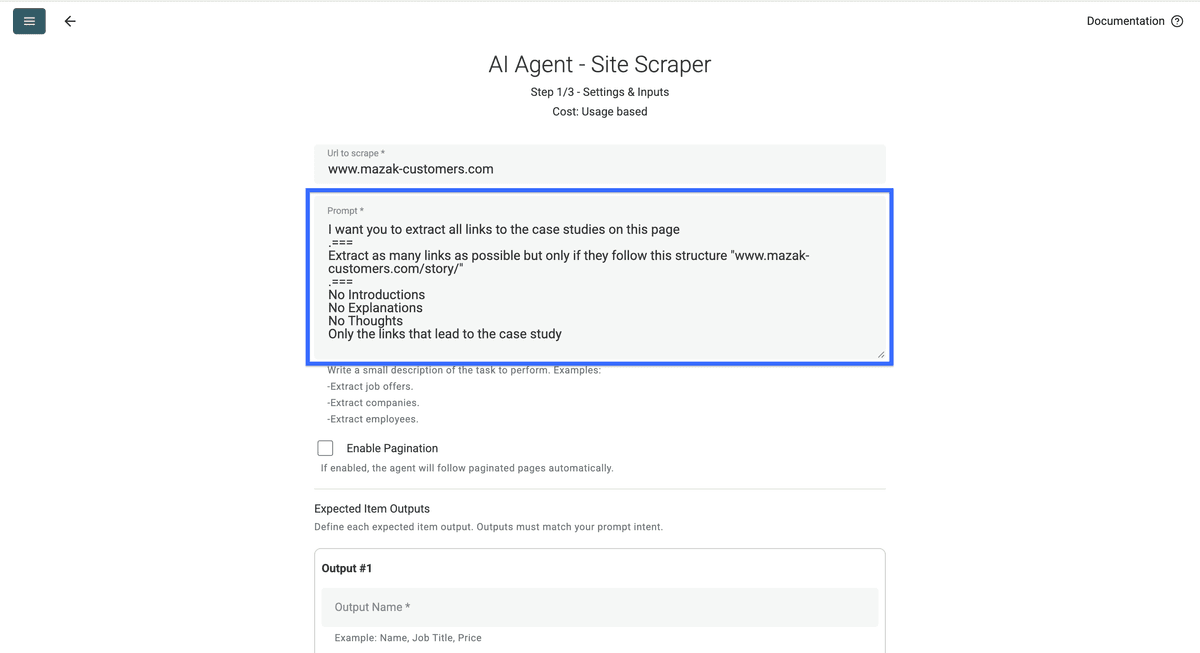 Configuration du prompt pour scraper des études de cas