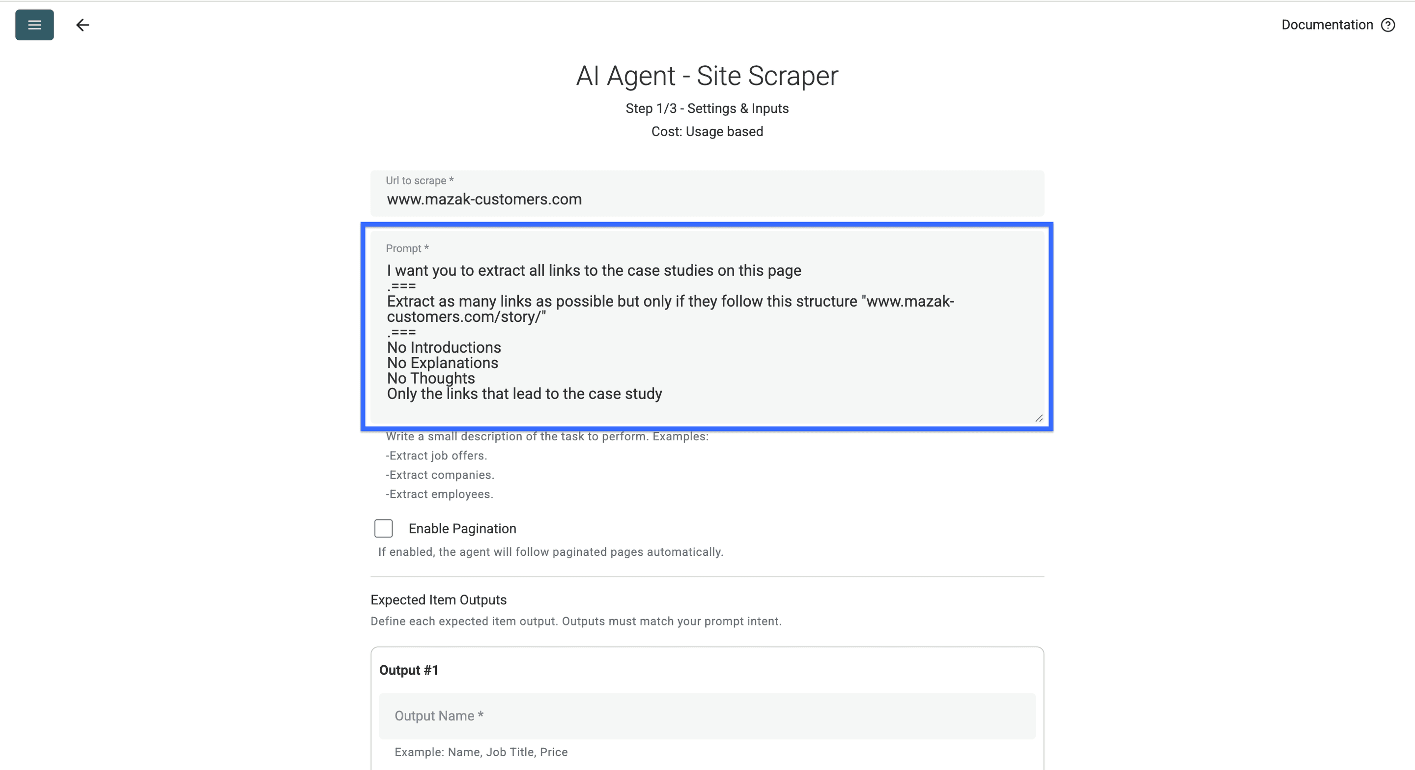 Configurar o prompt de extração da listagem