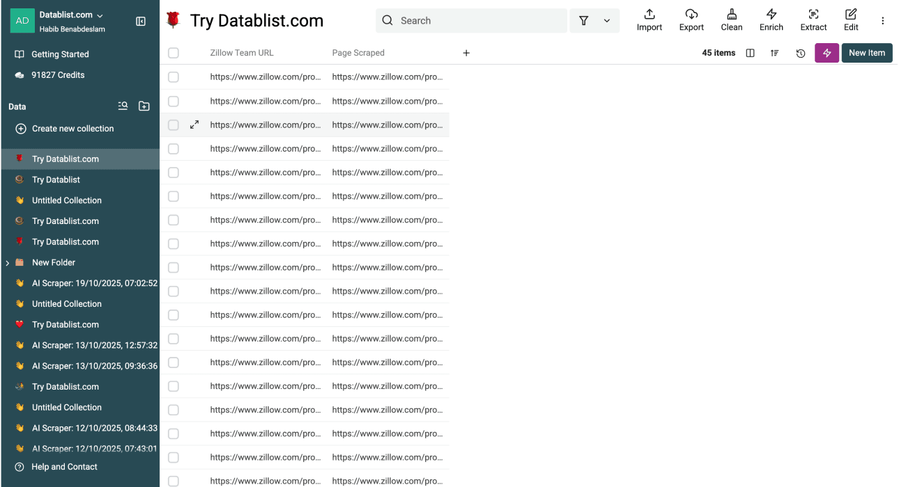 Zillow不動産エージェントスクレイパーで取得したチームページURL