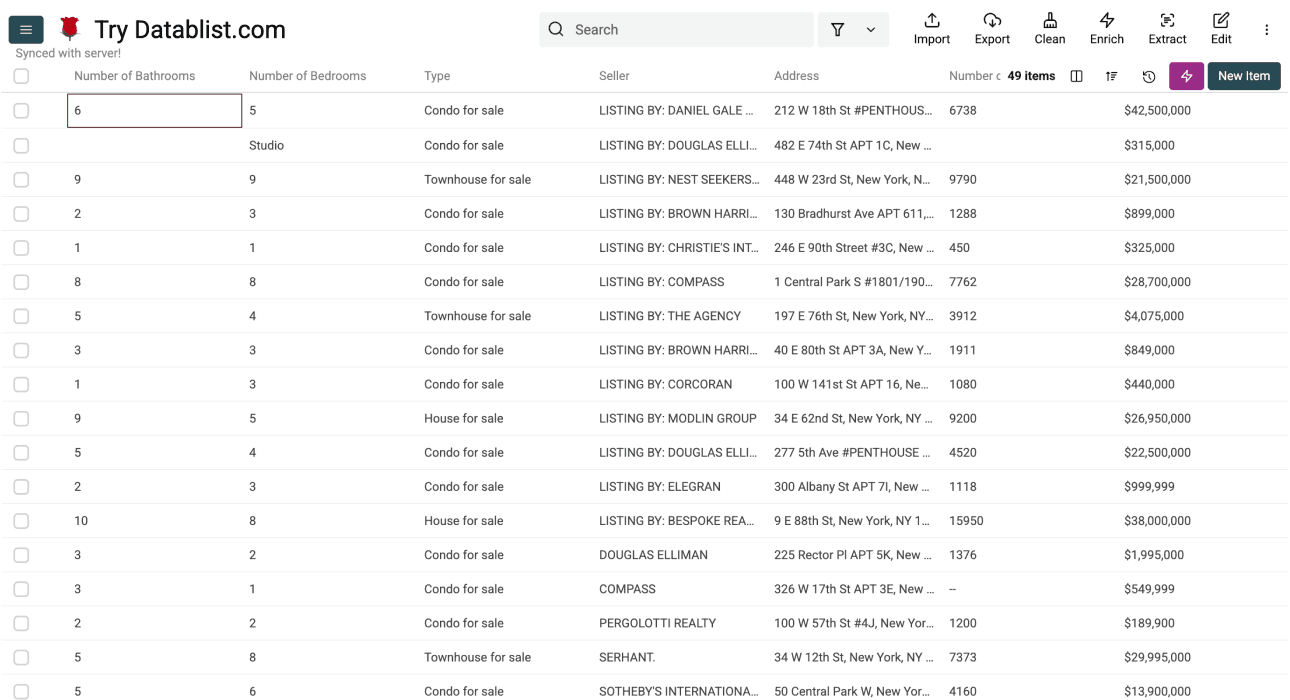 Zillow Property Scraperの取得結果