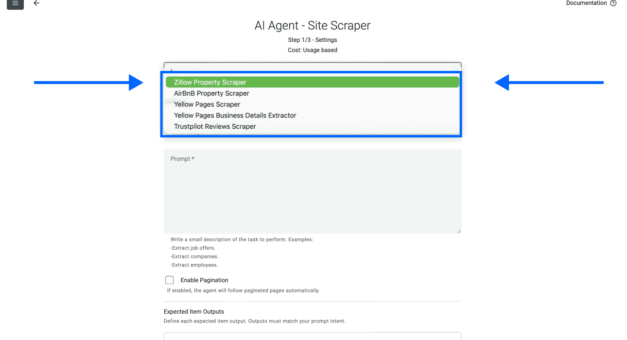 Zillow Property Scraperのテンプレート選択
