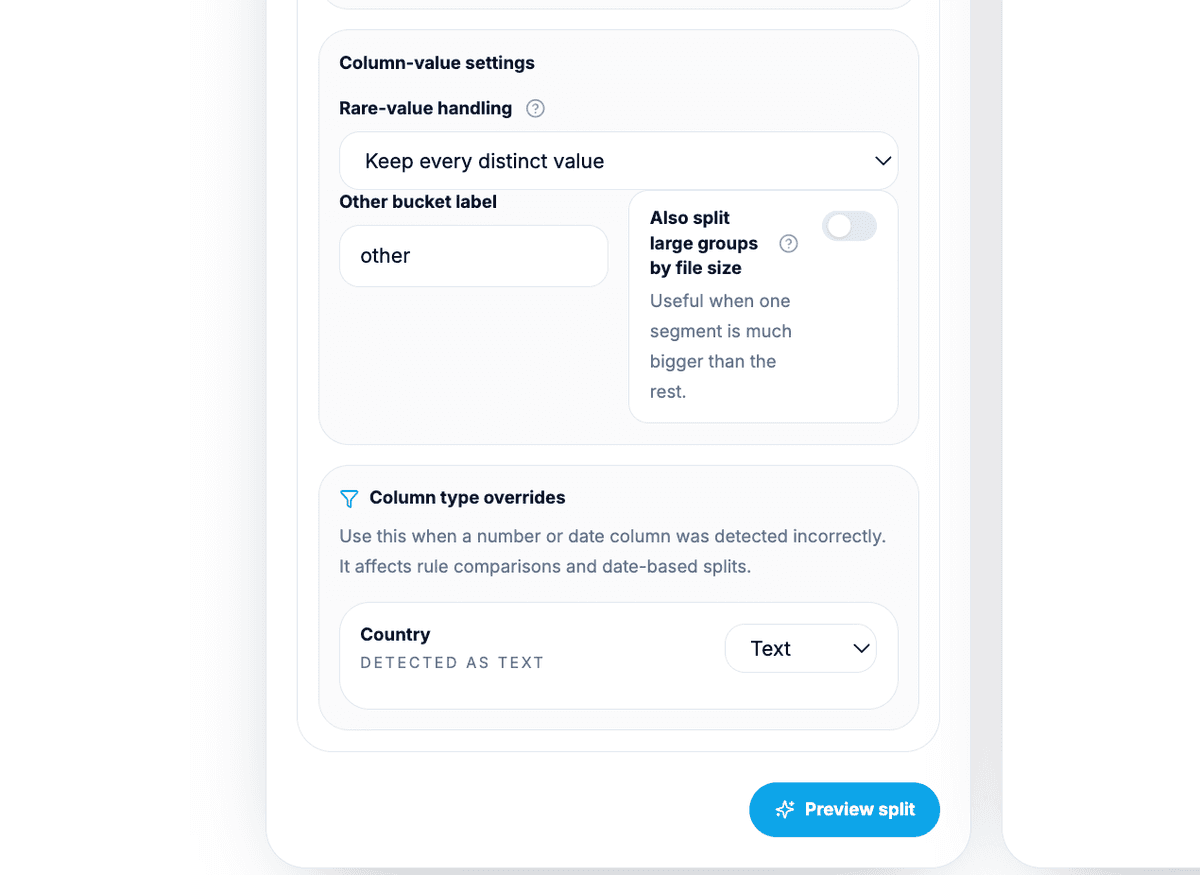 Advanced column-value split settings for rare values and large groups