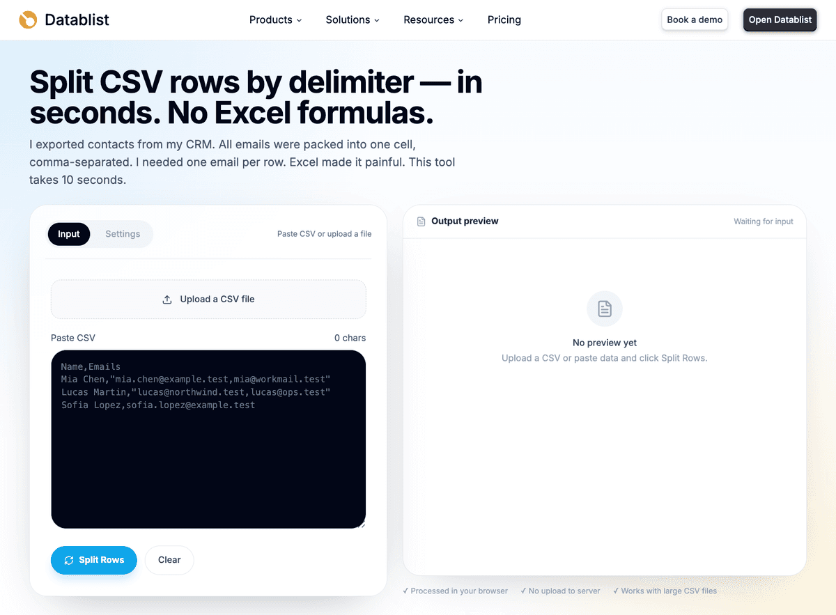 CSV Rows Splitter paste and upload input screen