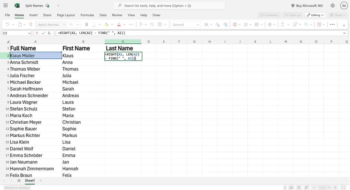 How To Split Names In Excel - Last Name Formula