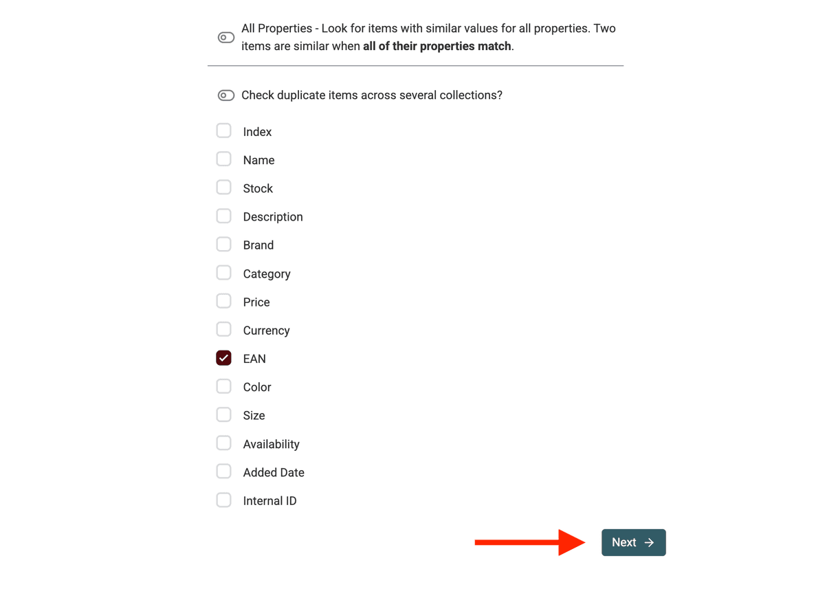 Select the properties to identify duplicates