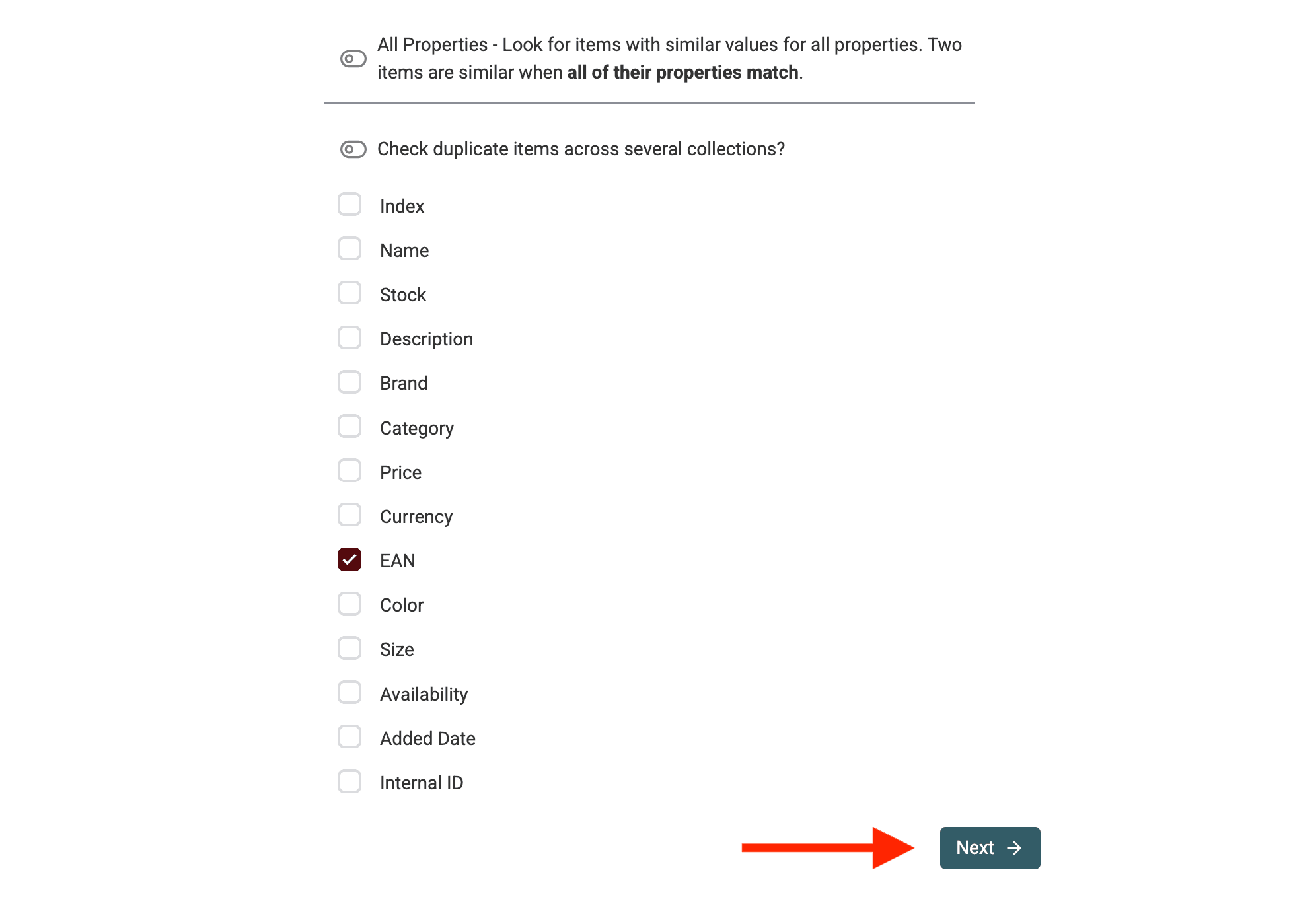 Selecione as propriedades para identificar duplicados