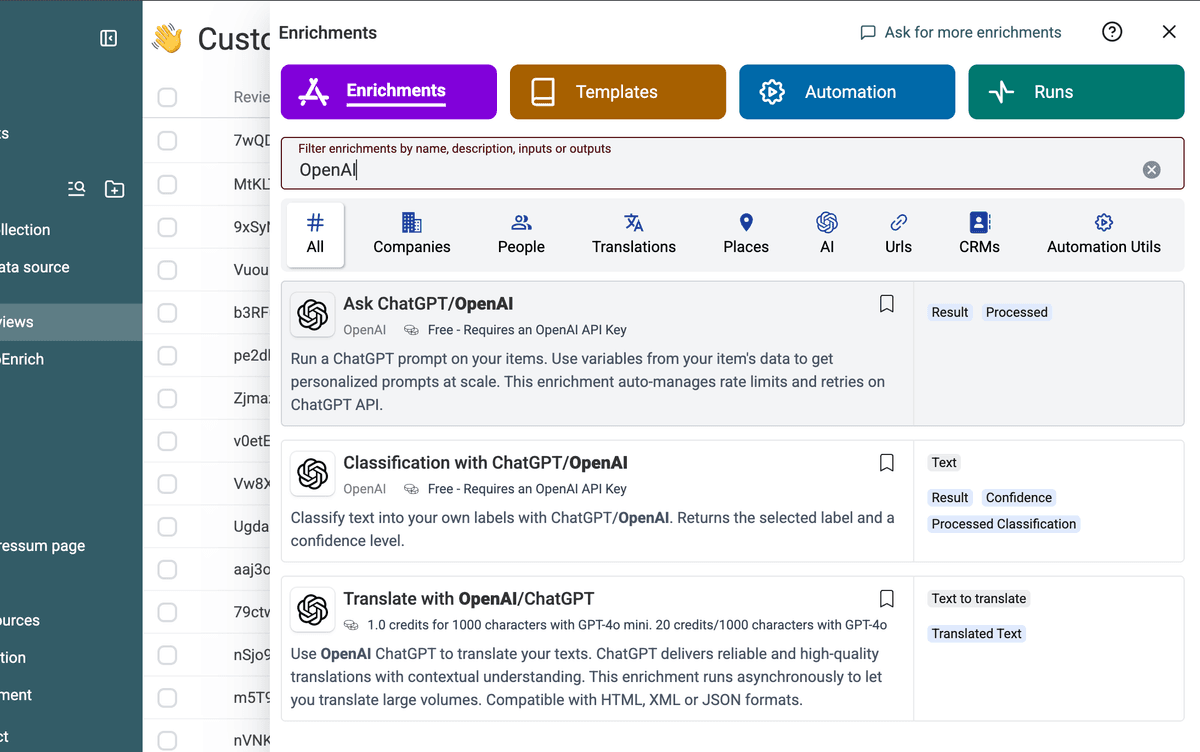 Ask ChatGPT OpenAI in the Datablist enrichment picker