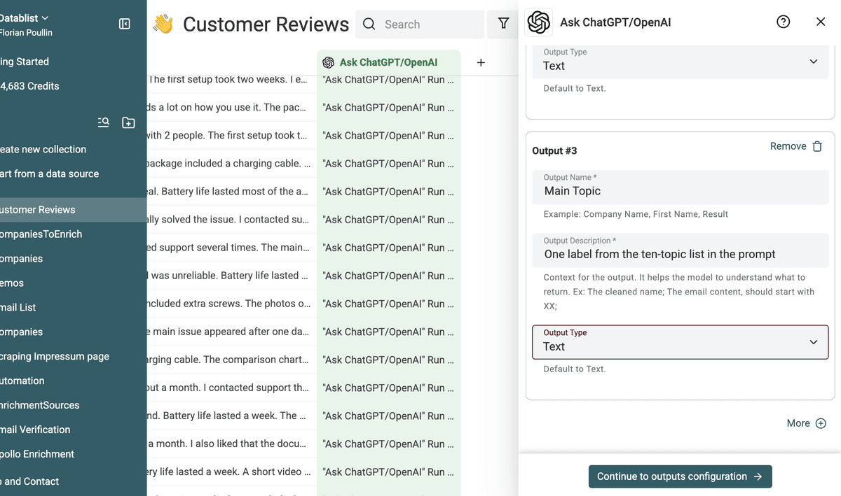 Main Topic output configured from the prompt taxonomy