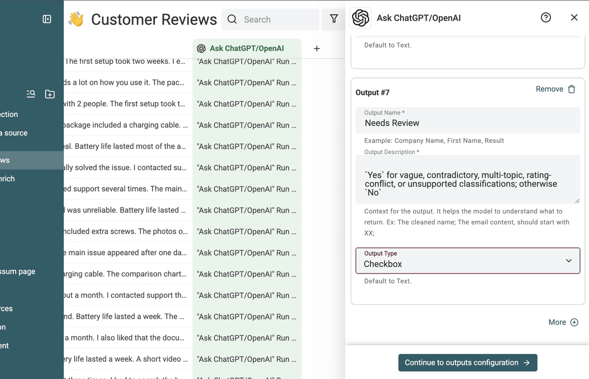 Needs Review output configured as a checkbox for ambiguous classifications