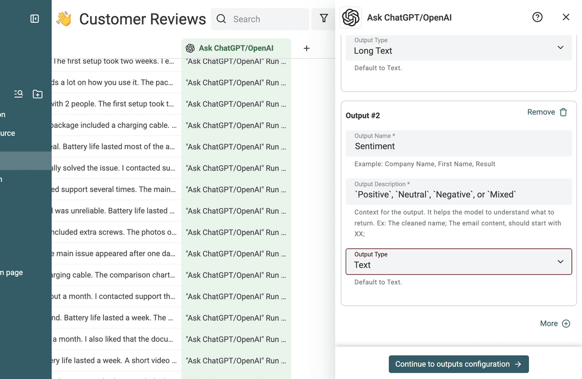 Sentiment output configured with four allowed labels