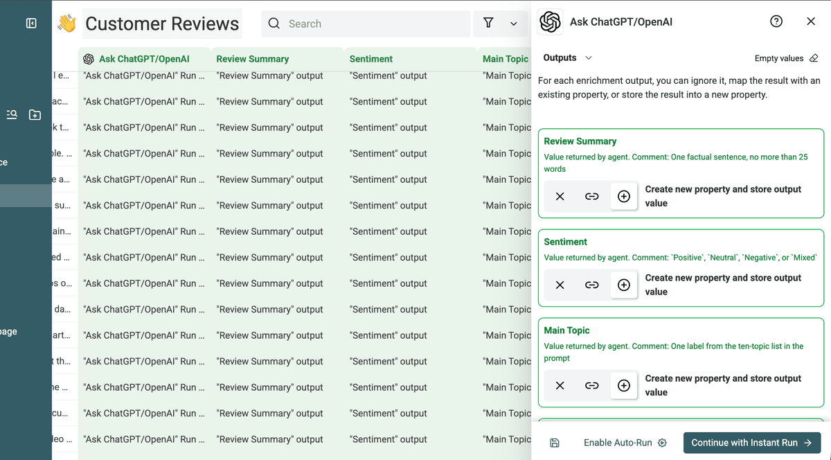 New summary, sentiment, and topic properties created for the AI output