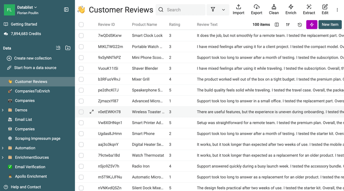 Customer review CSV imported into Datablist with review ID, product, rating, and text columns