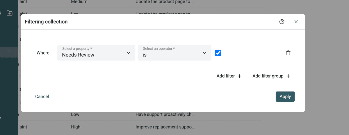Filtering the collection to reviews where Needs Review is checked