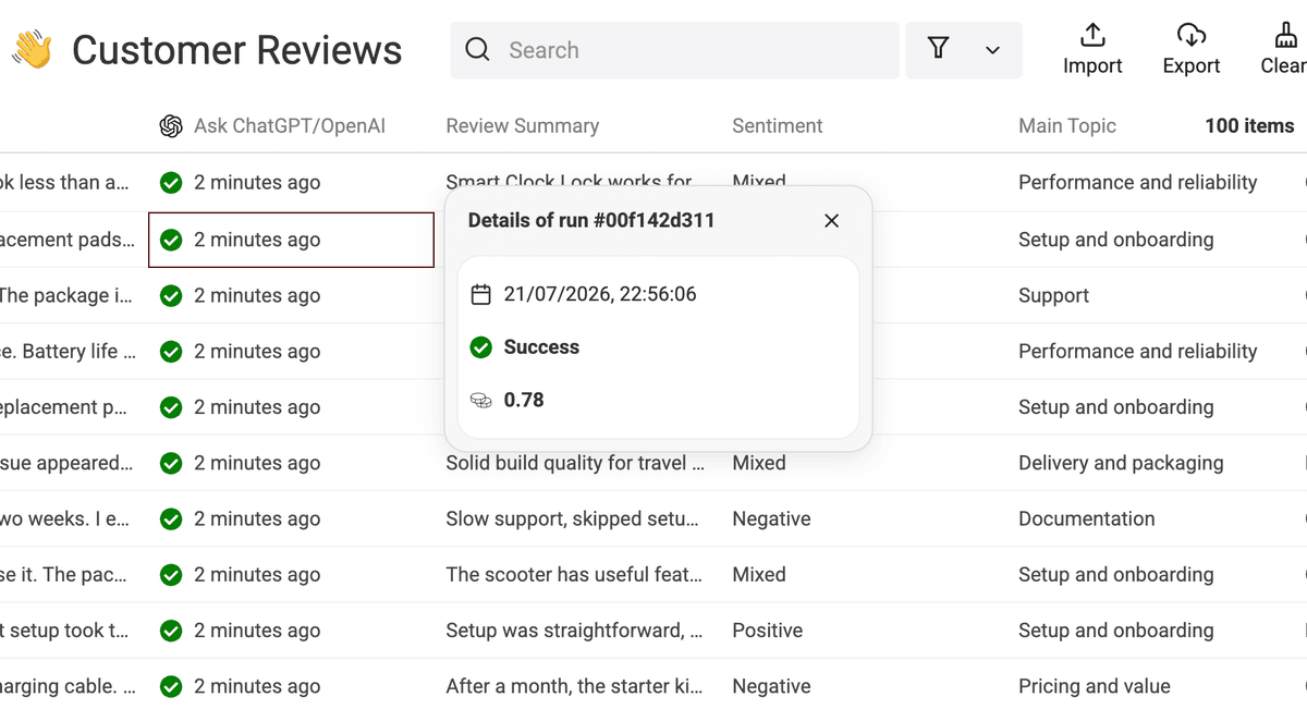 Successful Ask ChatGPT OpenAI row run details