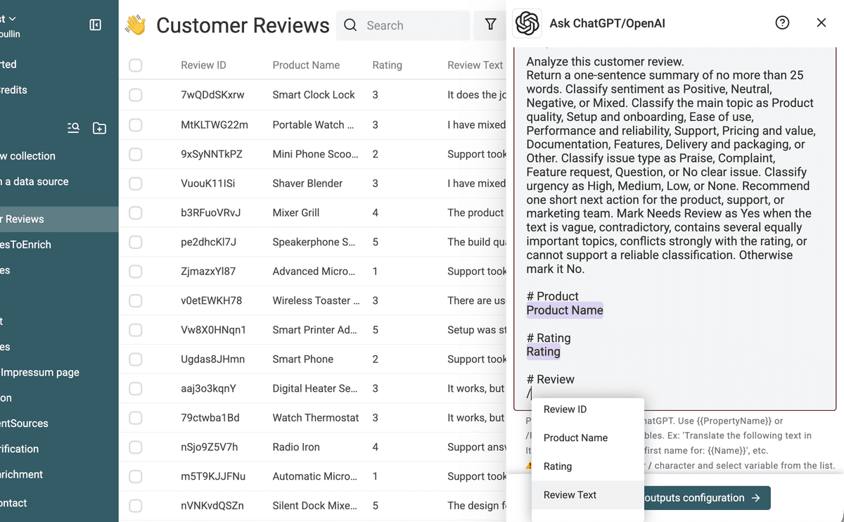 Mapping product name, rating, and review text variables in the AI prompt