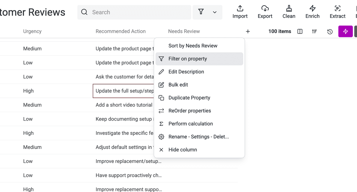Opening the filter menu on the Needs Review property