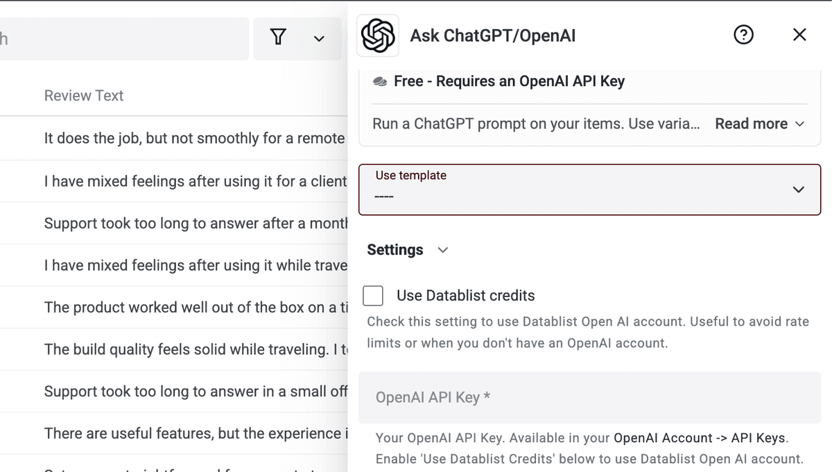 Use template selector in Ask ChatGPT OpenAI