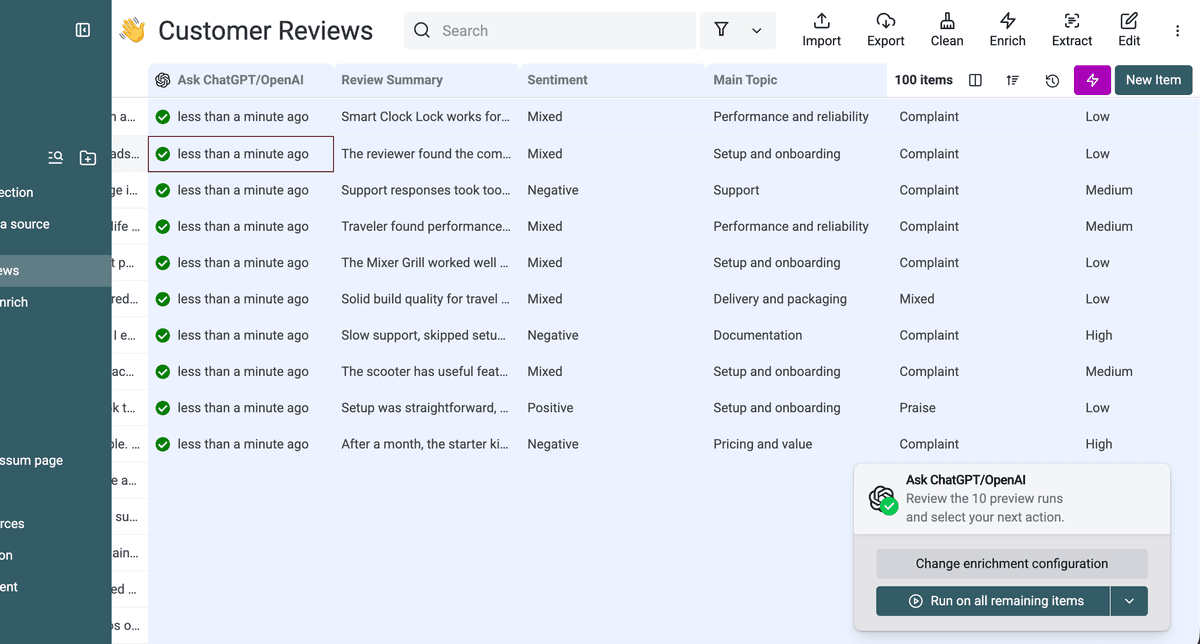 Generated summaries and classifications for the 10-row preview