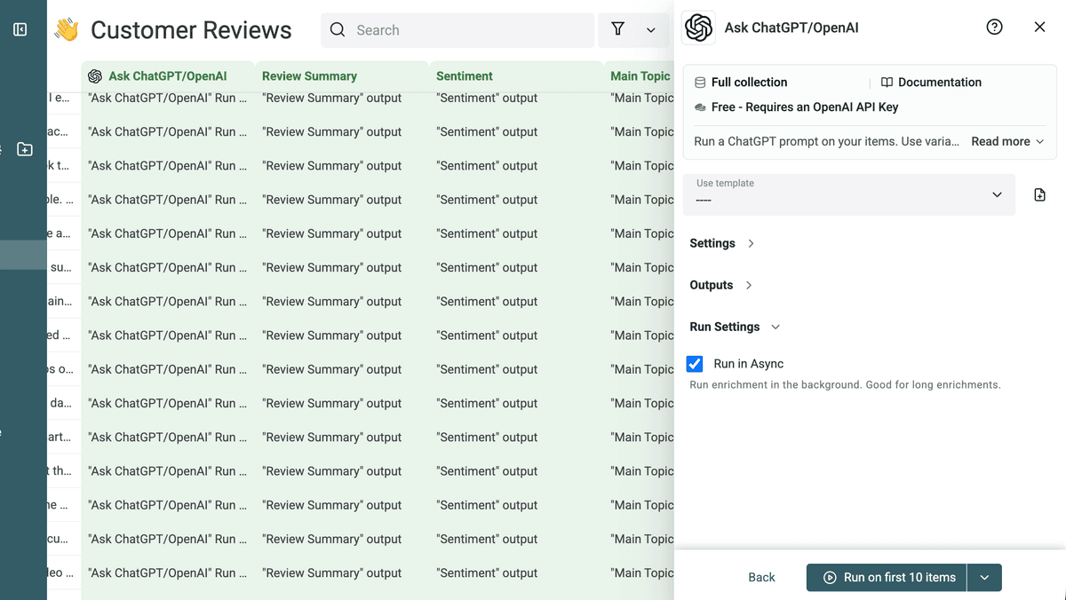 Ask ChatGPT OpenAI ready to run on the first 10 reviews