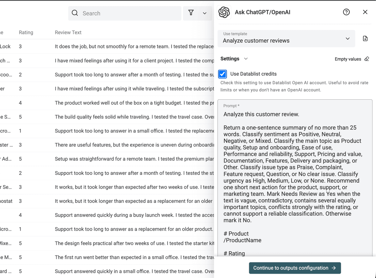 Analyze customer reviews template with its prefilled prompt