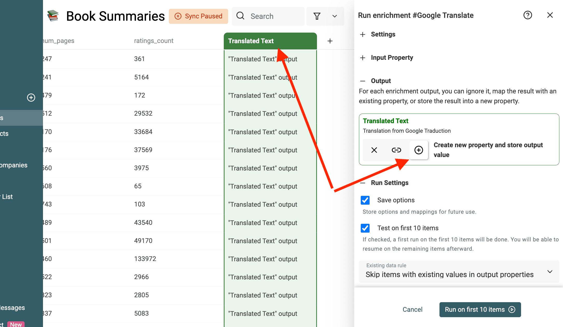 Configure o output Translated Text