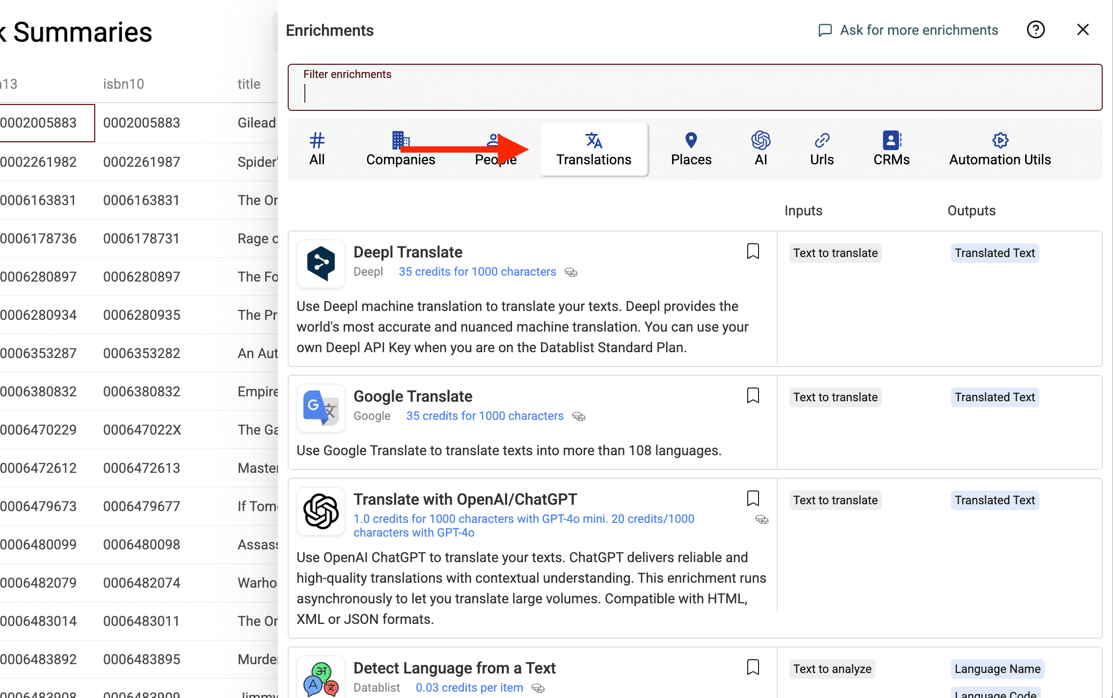 Selecione o enrichment Google Translate