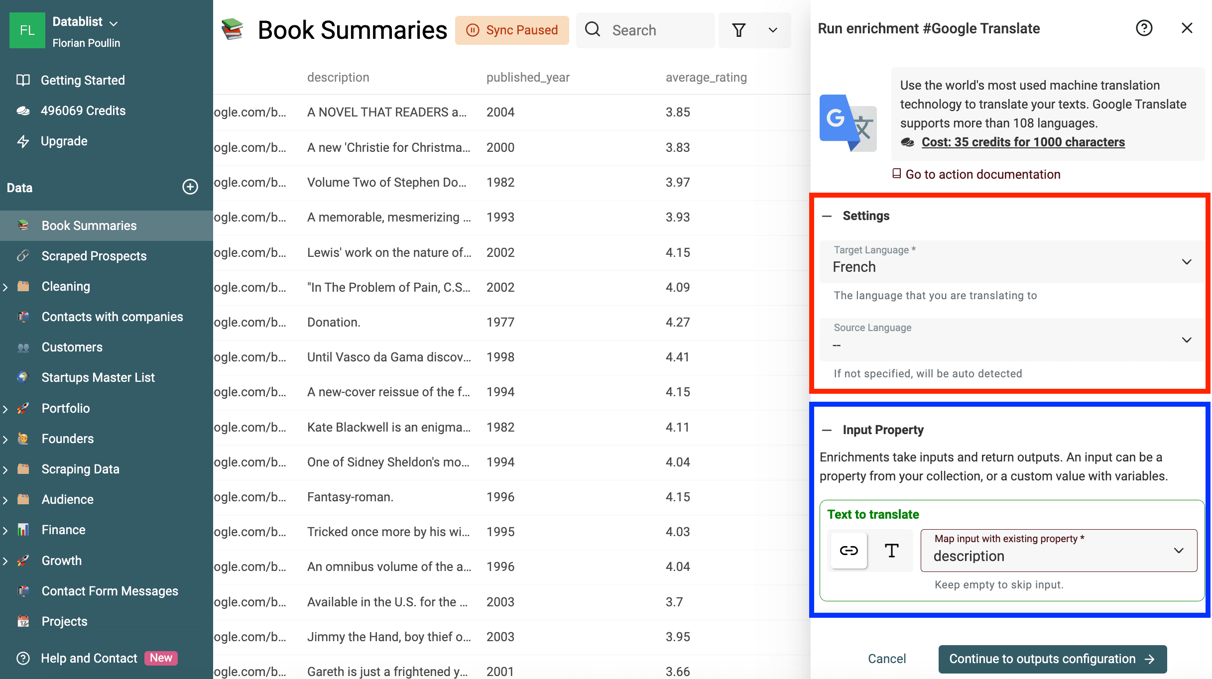 Configure o enrichment Google Translate