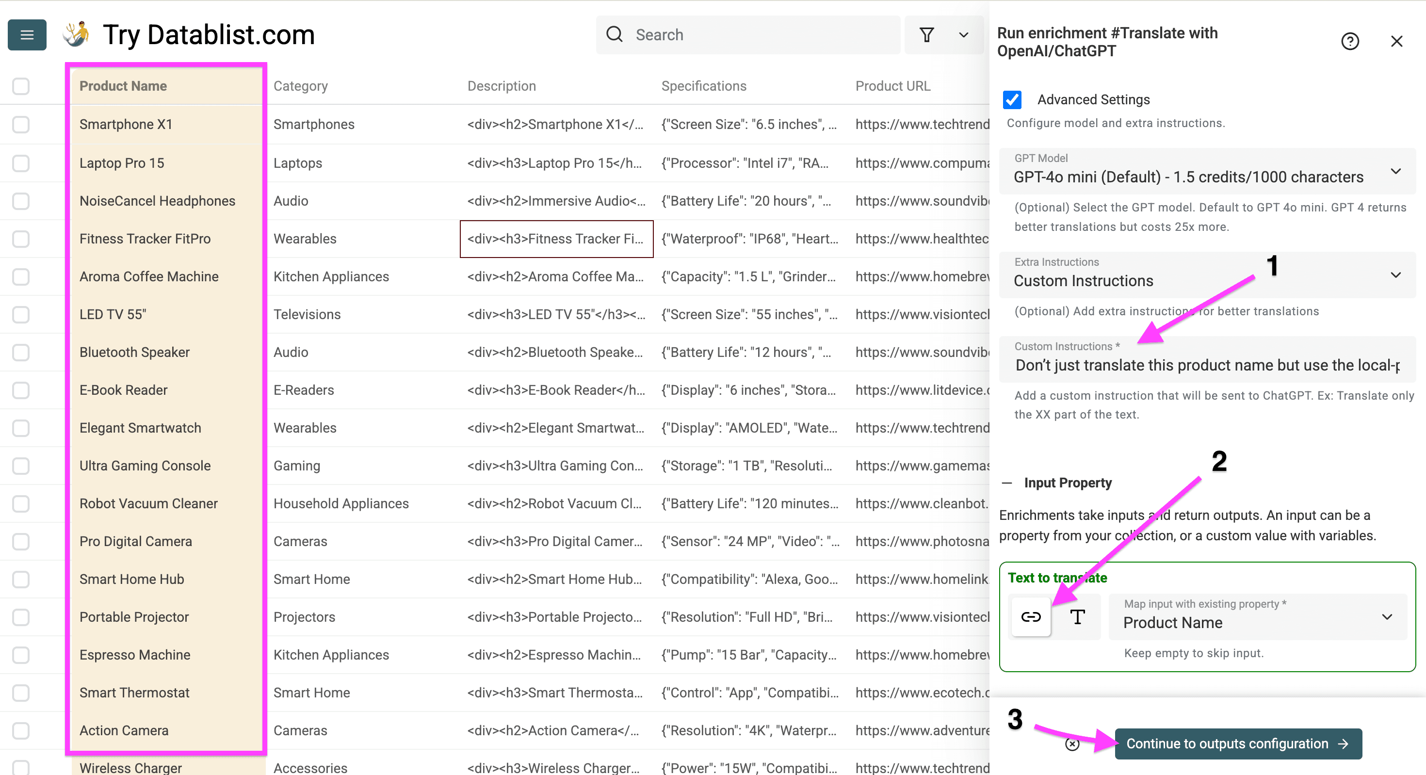 Instructions personnalisées pour localiser les noms produits avec l’IA