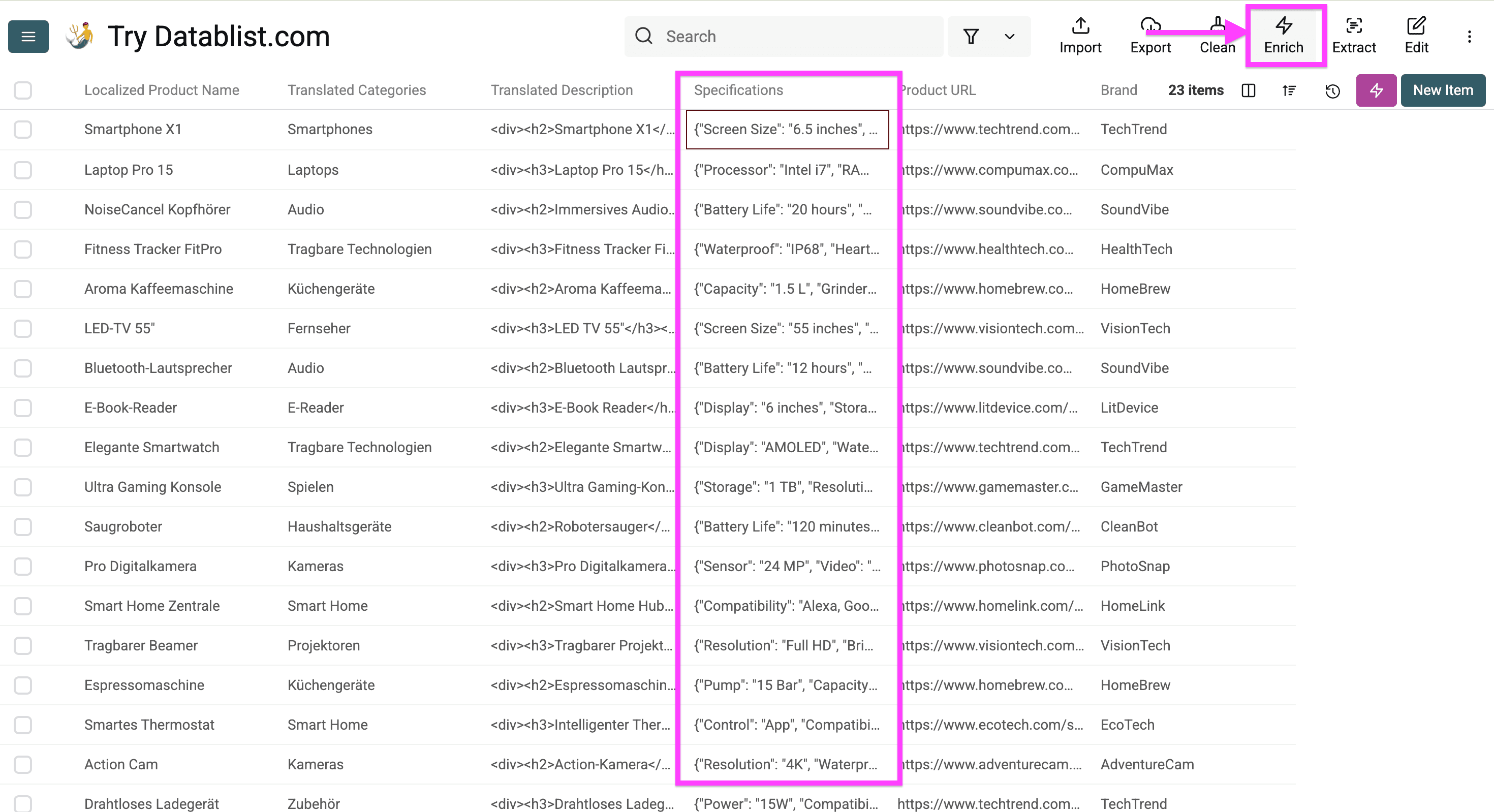 Spécifications à traduire dans ma collection Datablist