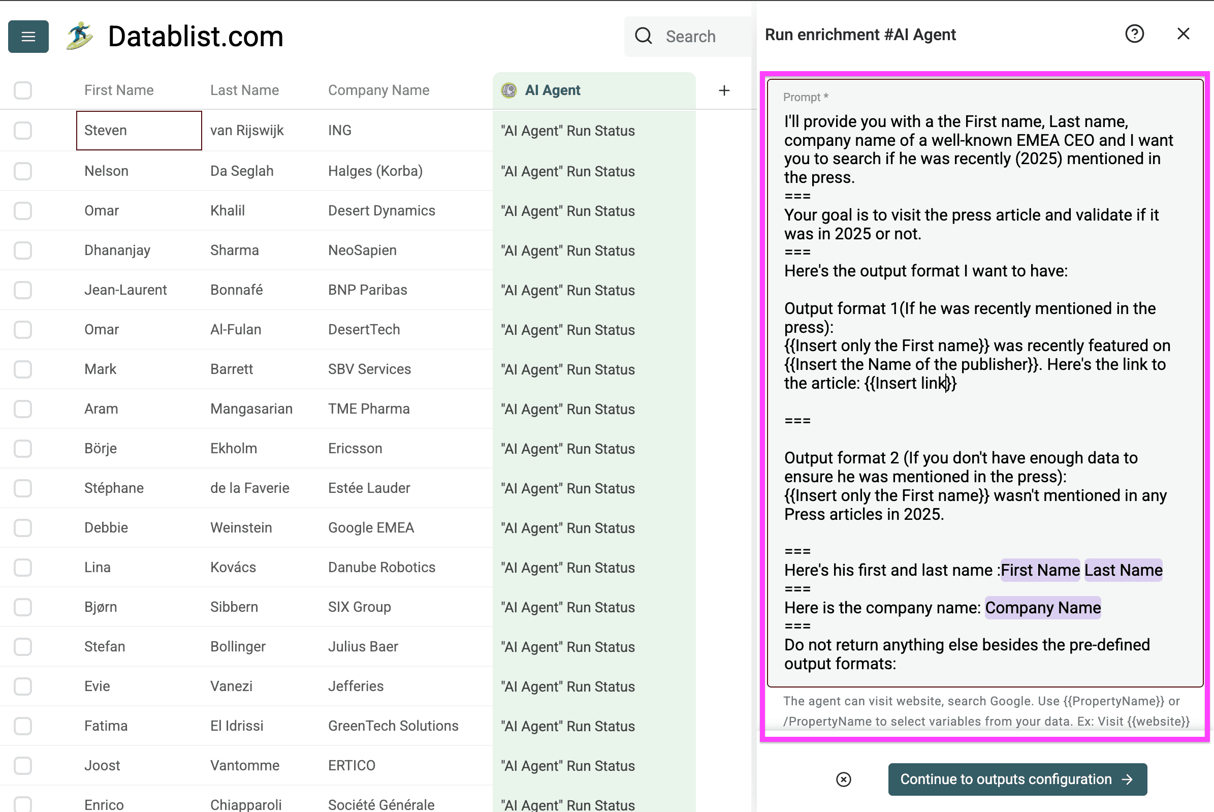 AI Agent configuration interface for web scraping