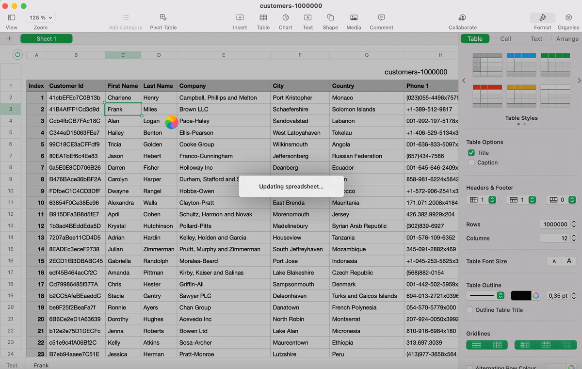 Editing big spreadsheet Apple Numbers