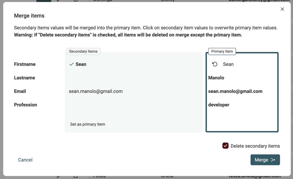 Merging tool to dedupe contacts