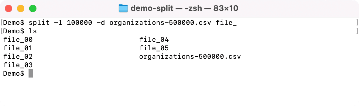 split CSV file with prefix and numeric suffixes