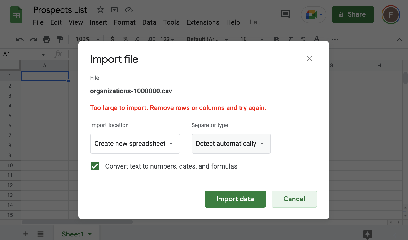 Google Sheets Error on big CSV file