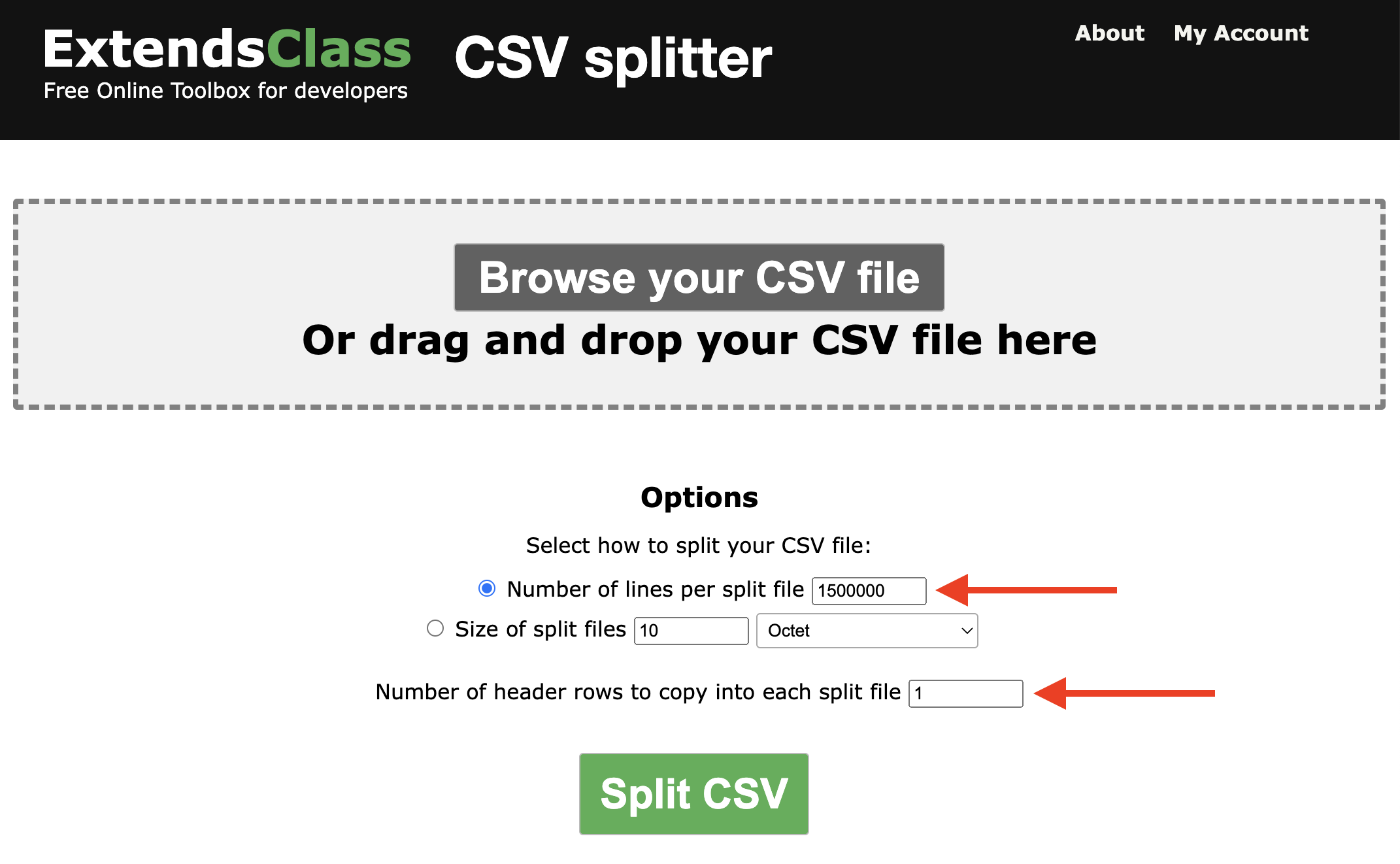 Split your big CSV file online