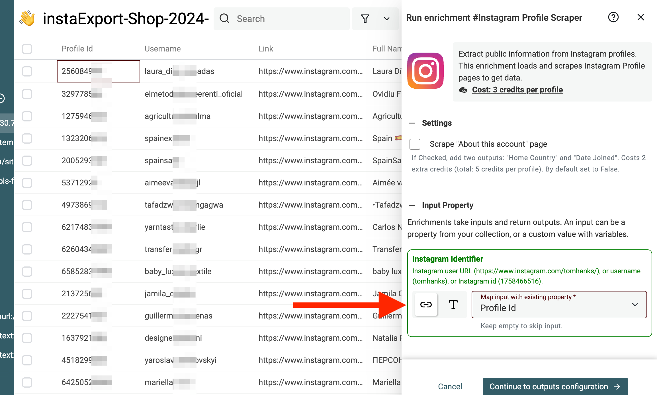 Configure Instagram Profile Scraper inputs