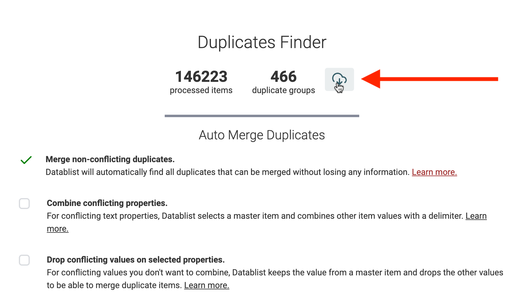 Export deduplication results