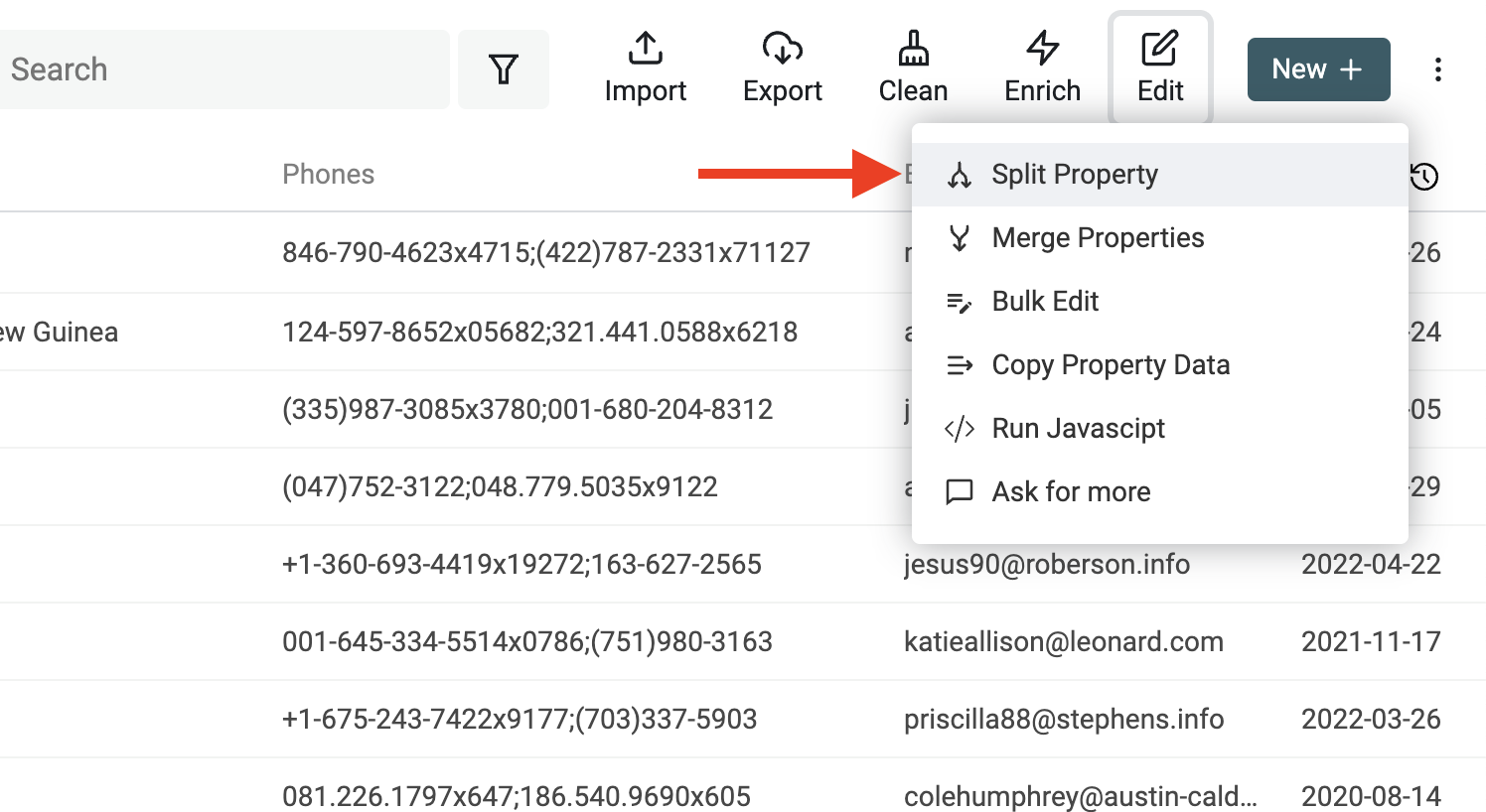 Open Split Property tool