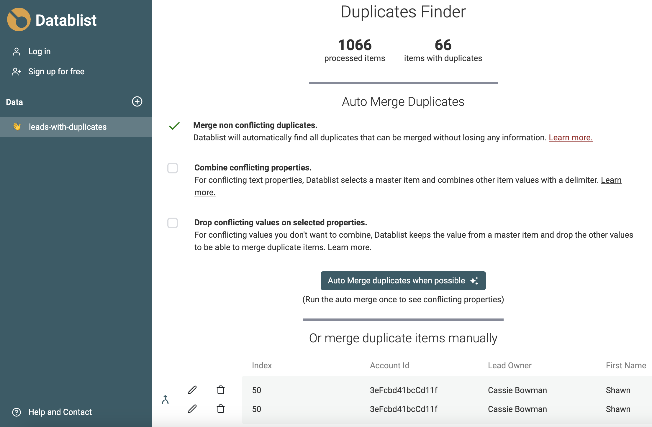 Exemple of Datablist merging of duplicate entries